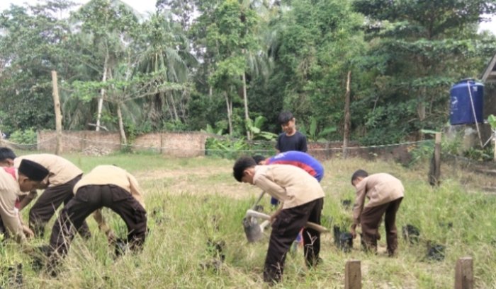 Siswa Kelas 7.1 MTsN 8 Batang Hari Belajar Kewirausahaan dengan Membersihkan Kebun